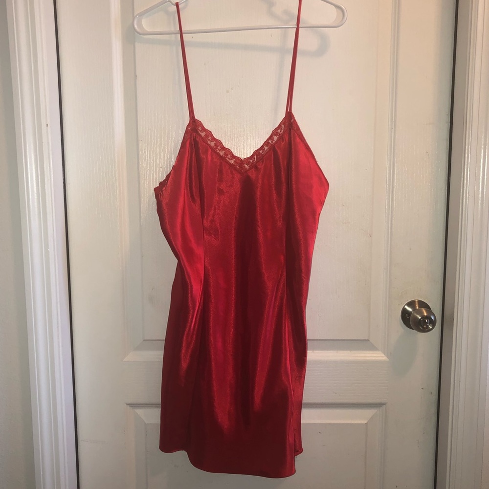 Red silk nighty with lace and caged back